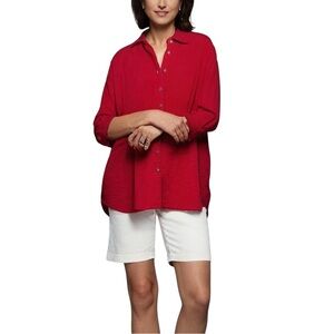 John Mark Top Red Long Collared Button Up Shirt Women Lg Vacation Bohemian Bold